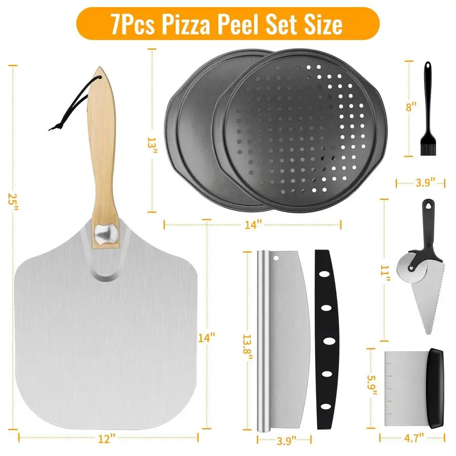 7 Piece Aluminum Pizza Peel Set With Paddle Cutter Scraper Pie Server Oil Brush