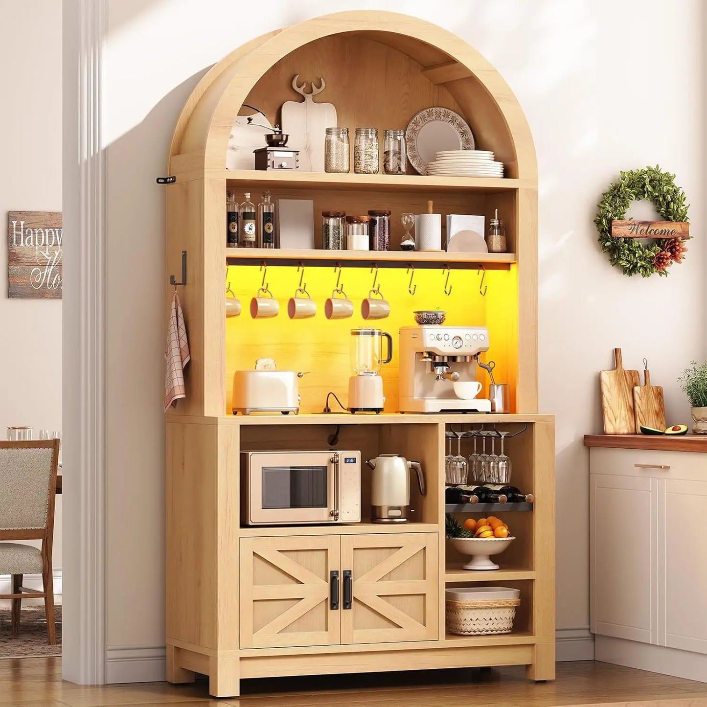 Arched Bakers Rack With Power Outlet And LED Light