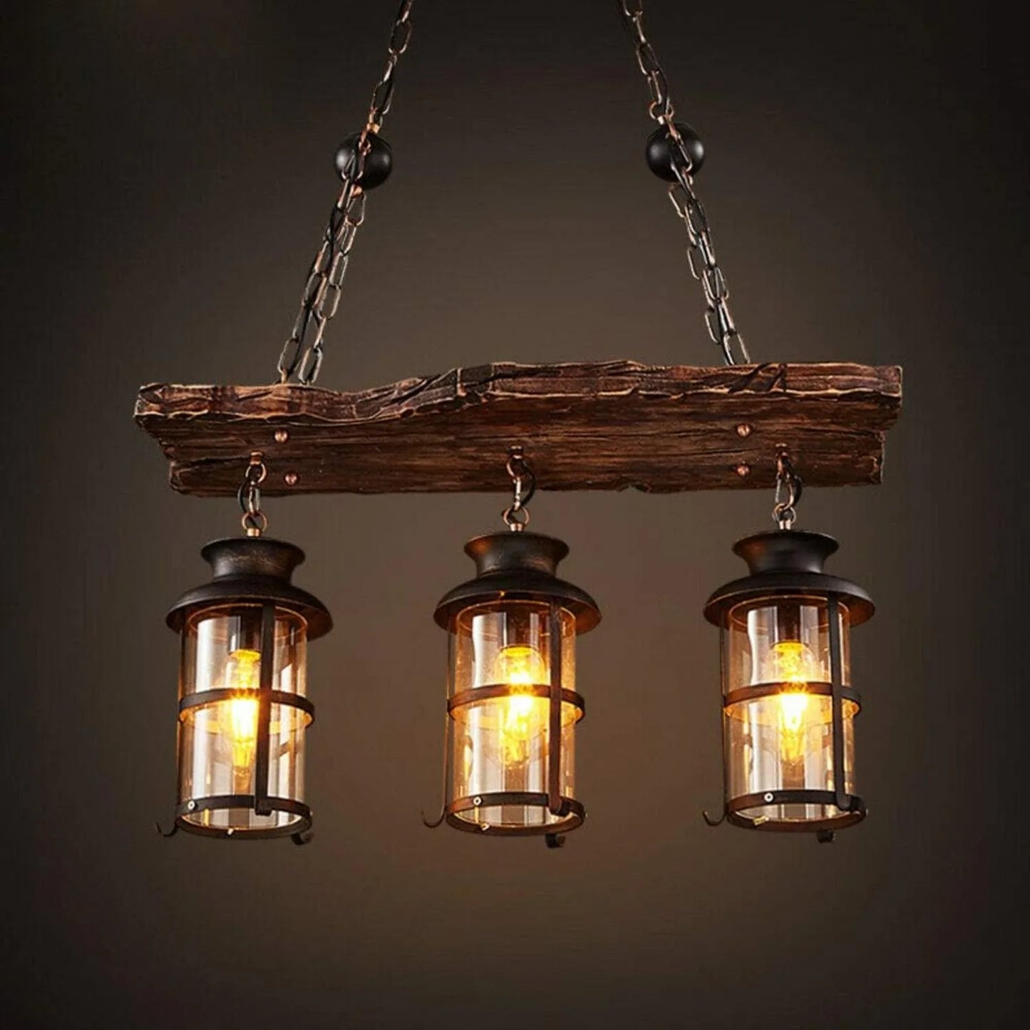 Industrial Wooden Pendant Light With Glass Shade Chandelier E27 Compatible