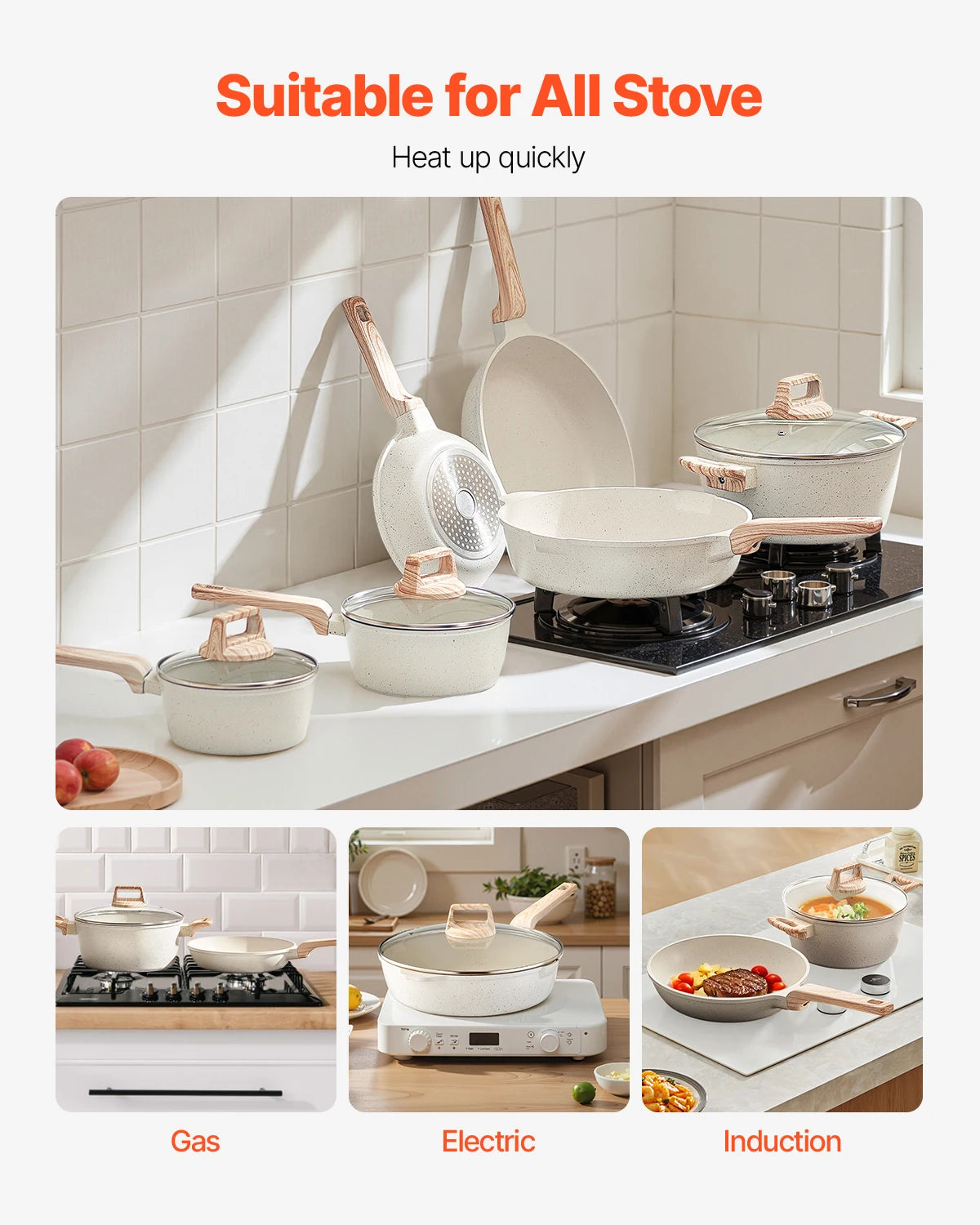 VEVOR 17 Piece Granite Nonstick Cookware Set Induction Compatible
