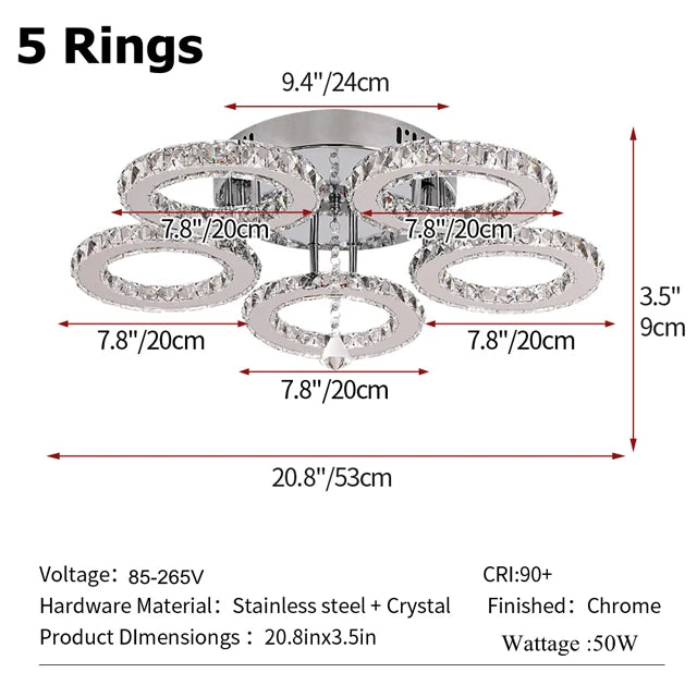 GreeLustr Modern Pendant Light Led Crystal Ring Ceiling Chandelier