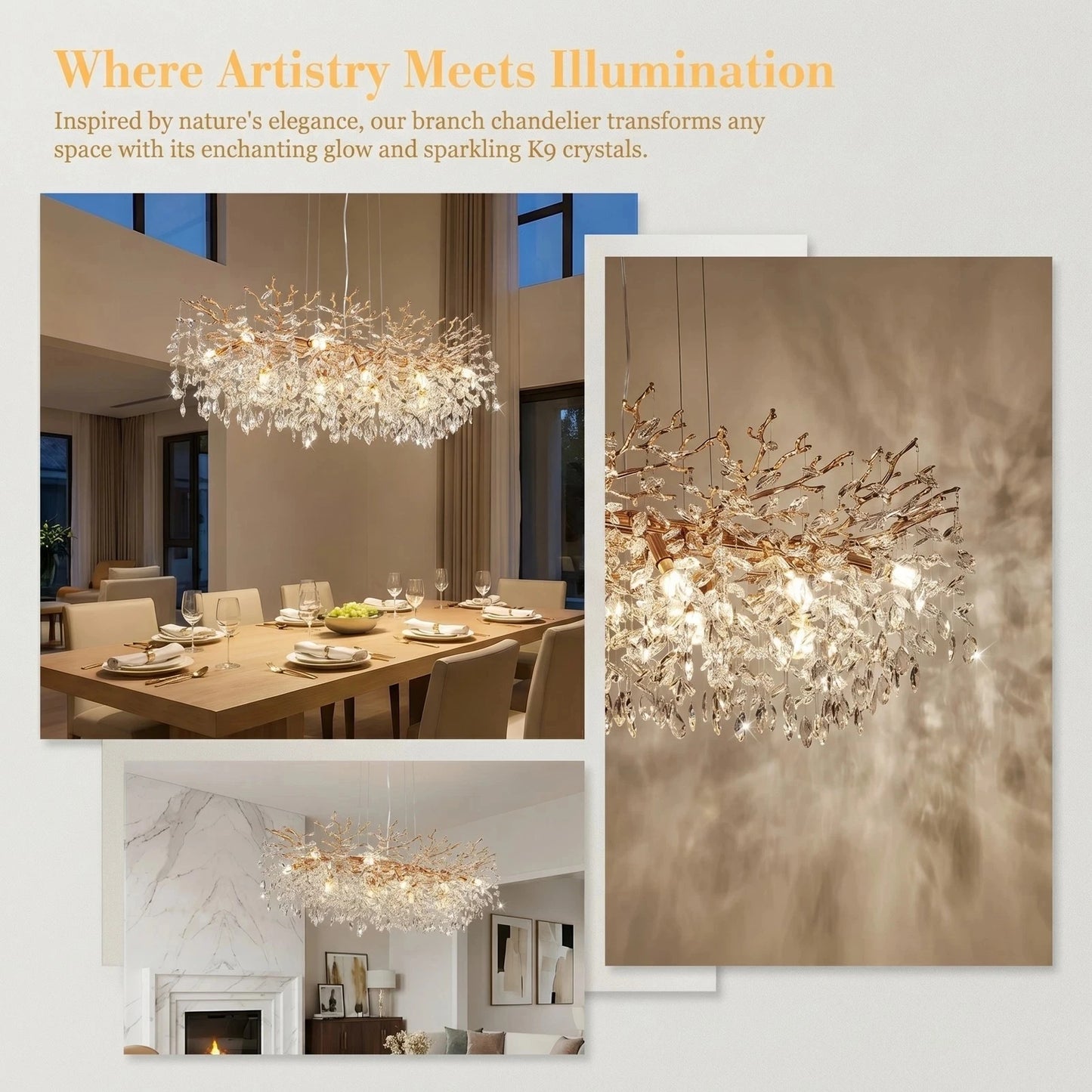 ARLGSITE Tree Shaped Crystal Chandelier 14 Lamp Dining Fixture