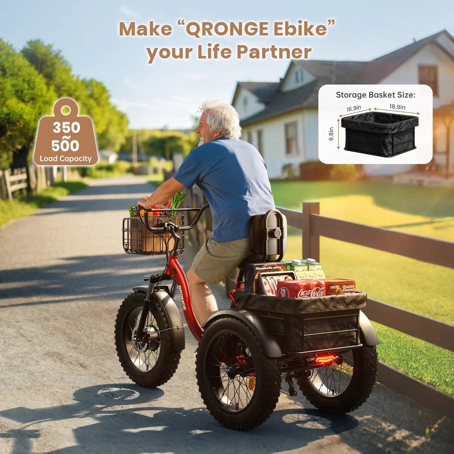 QRONGE Folding Electric Tricycle 960W Peak Motor 36V 13.5Ah Battery