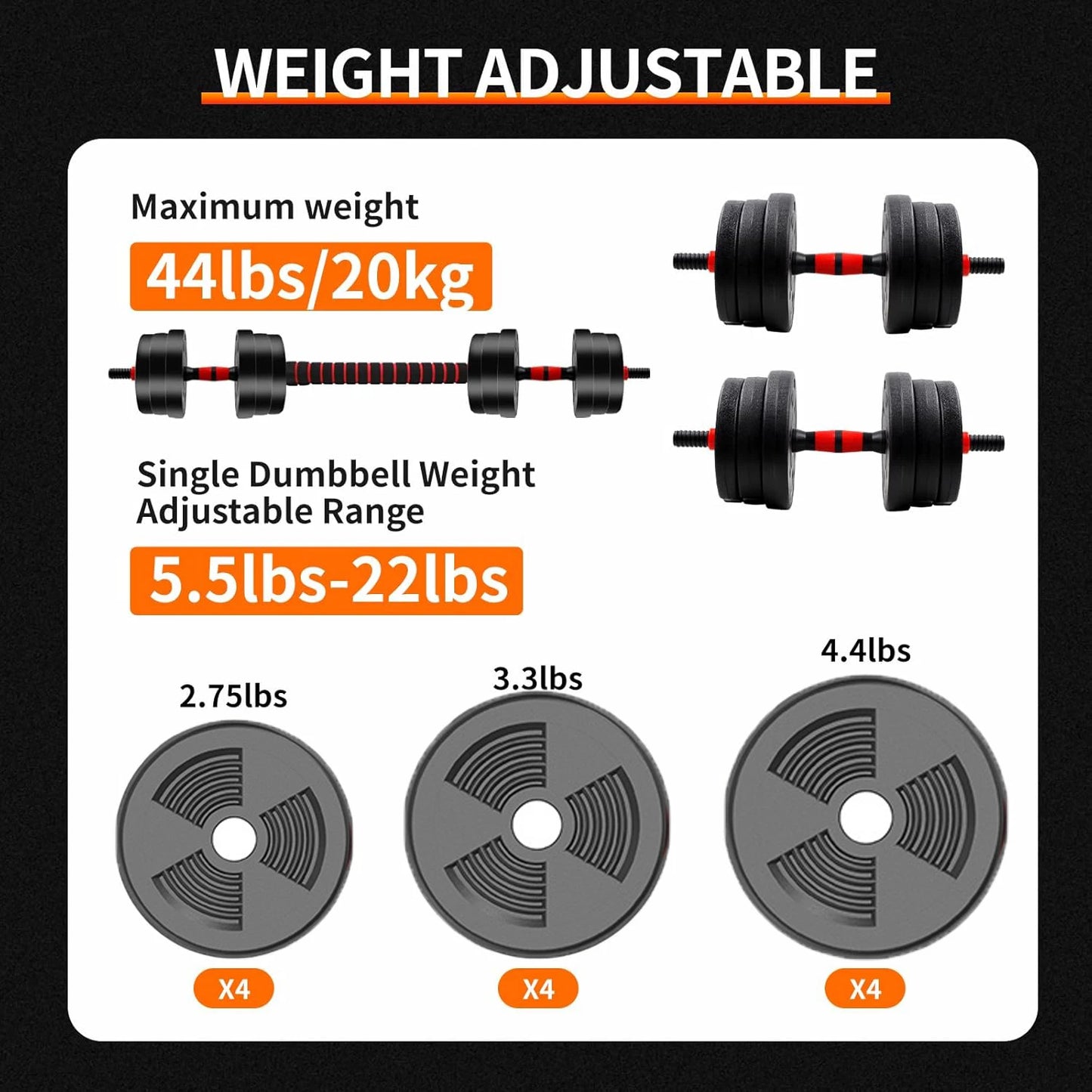 Adjustable Dumbbell Barbell Set 5 To 44 Lbs With Grip