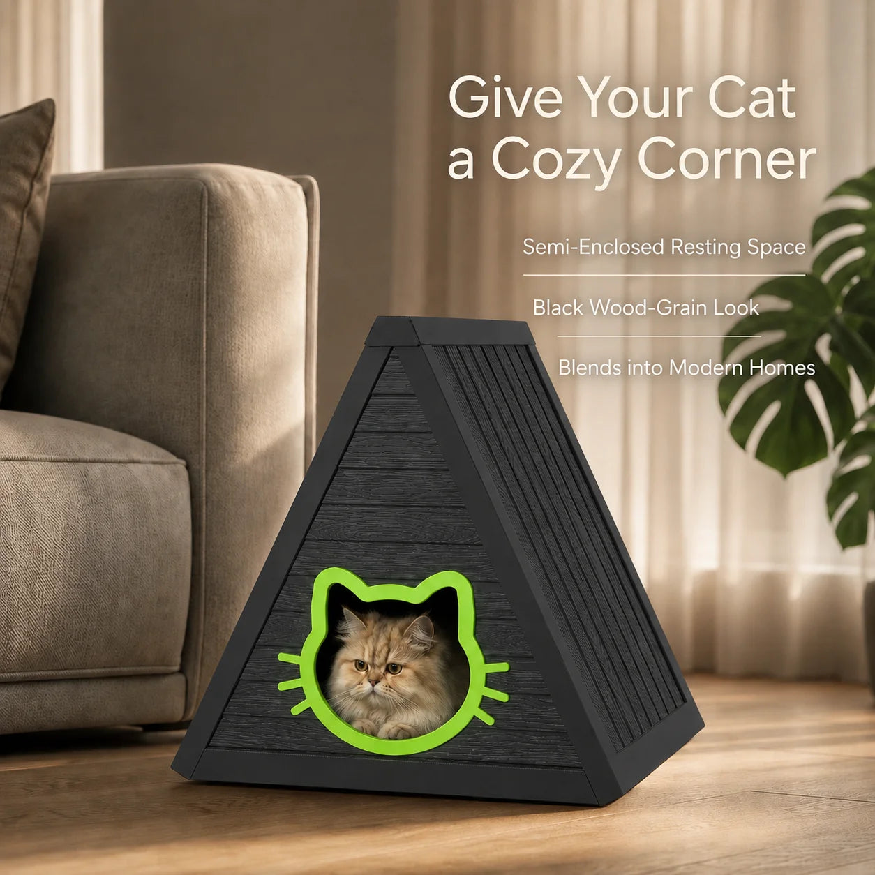 Triangular A Frame Plastic Cat House Cute Cat Head Entrance Kitten Hideaway