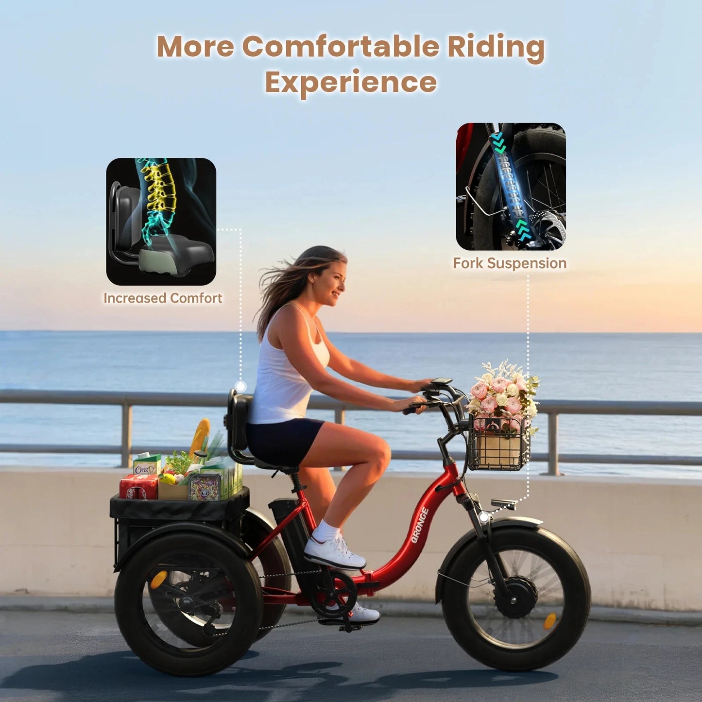 QRONGE Folding Electric Tricycle 960W Peak Motor 36V 13.5Ah Battery