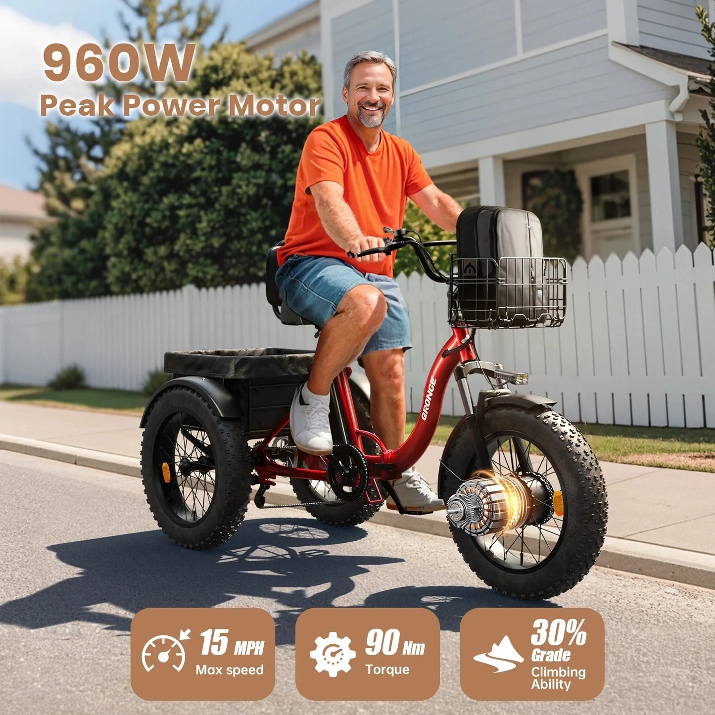 QRONGE Folding Electric Tricycle 960W Peak Motor 36V 13.5Ah Battery