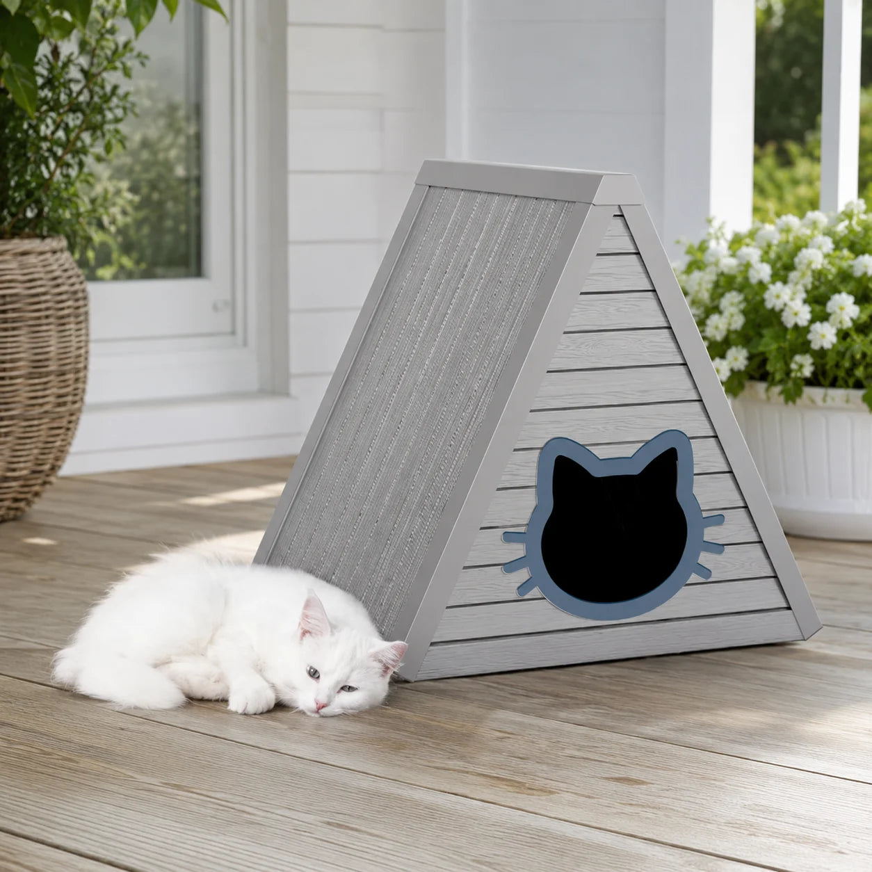 Triangular A Frame Plastic Cat House Cute Cat Head Entrance Kitten Hideaway