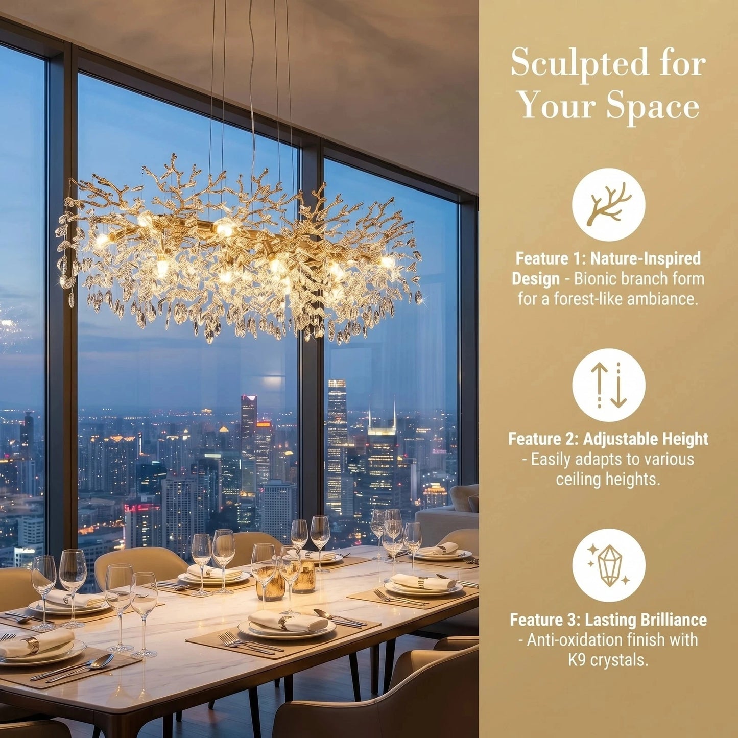 ARLGSITE Tree Shaped Crystal Chandelier 14 Lamp Dining Fixture
