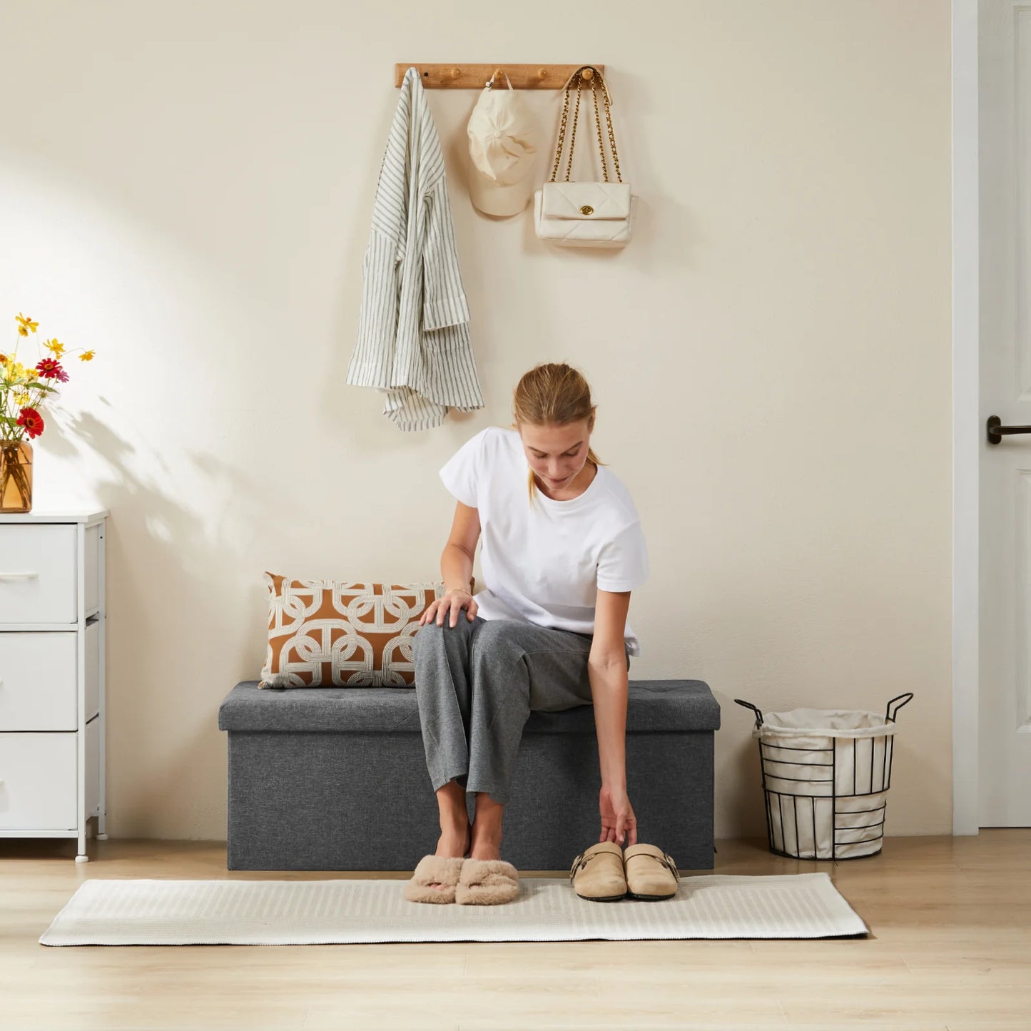 JHK Folding Storage Ottoman Bench With Hidden Storage Footstool