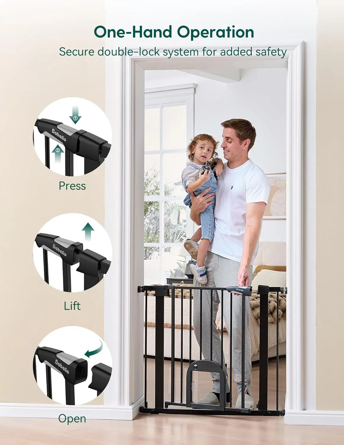 Upgraded Baby Gate With Cat Door Auto Close Walk Through