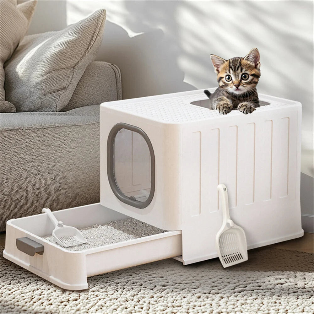 Large Cat Litter Box Pet Toilet Skylight Enclosed Drawer Scoop Covered Tray Pet Kitten Training Toilet with Scoop