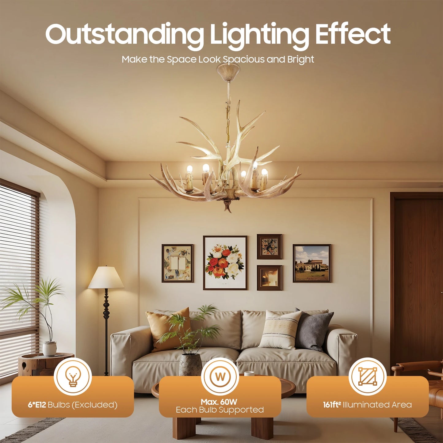 Resin Deer Antler Ceiling Light 110V Six Light Chandelier