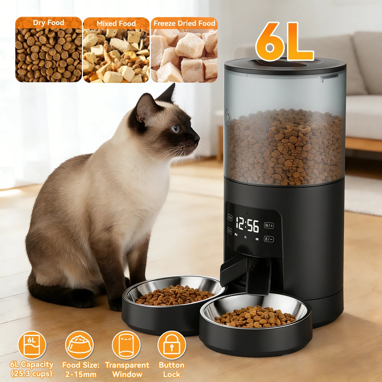 Automatic Cat Feeder With Two Stainless Bowls Timed Dual Power Dispenser