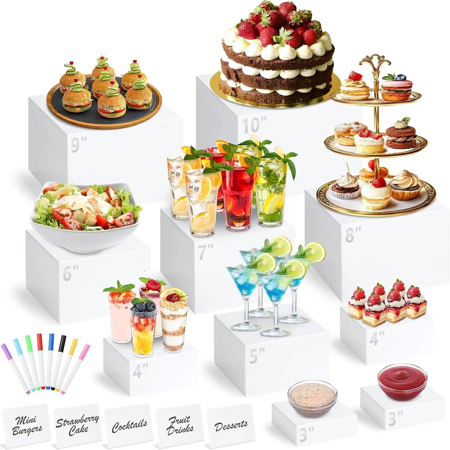 Acrylic Buffet Risers With Signs And Markers Nesting Display Stands