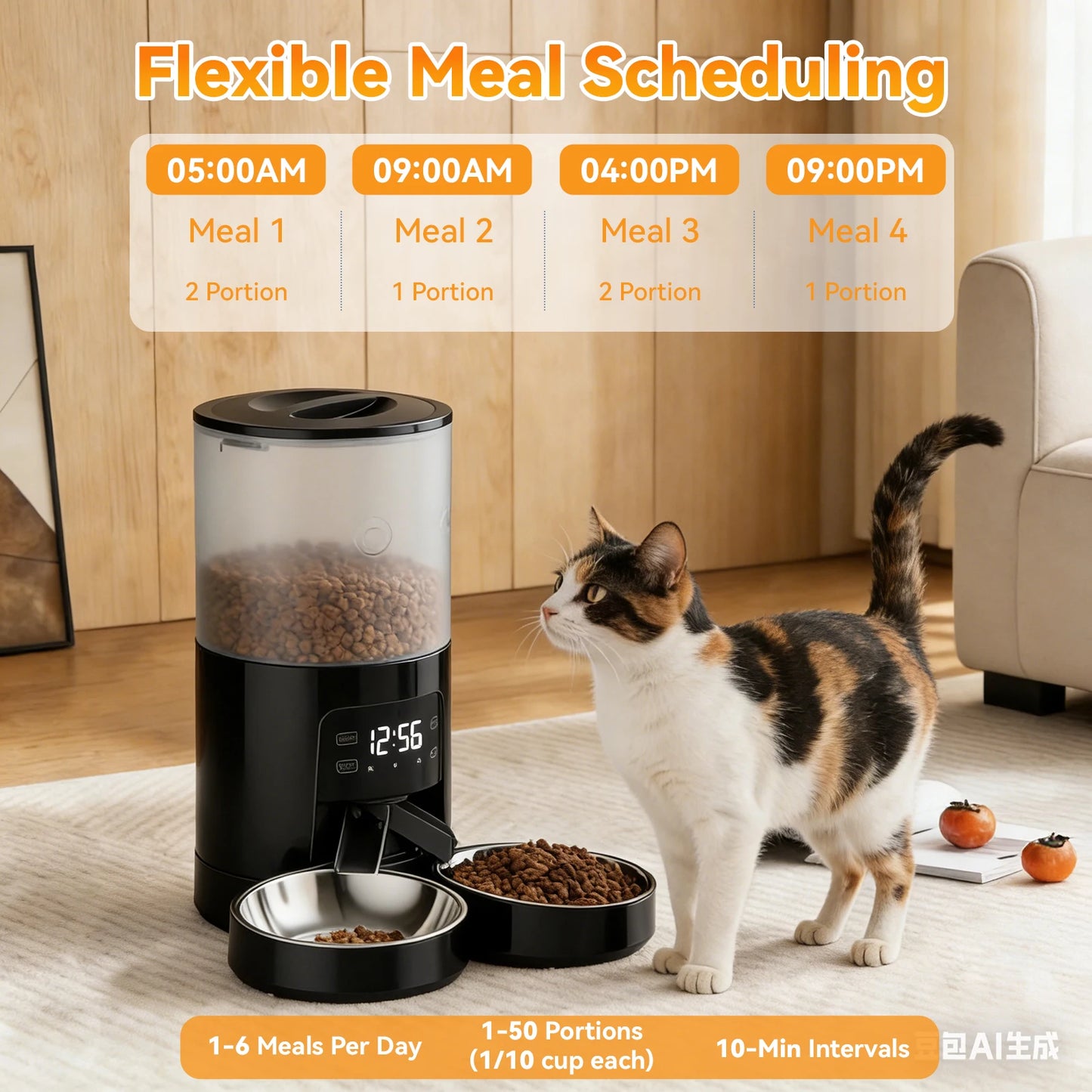 Automatic Cat Feeder With Two Stainless Bowls Timed Dual Power Dispenser