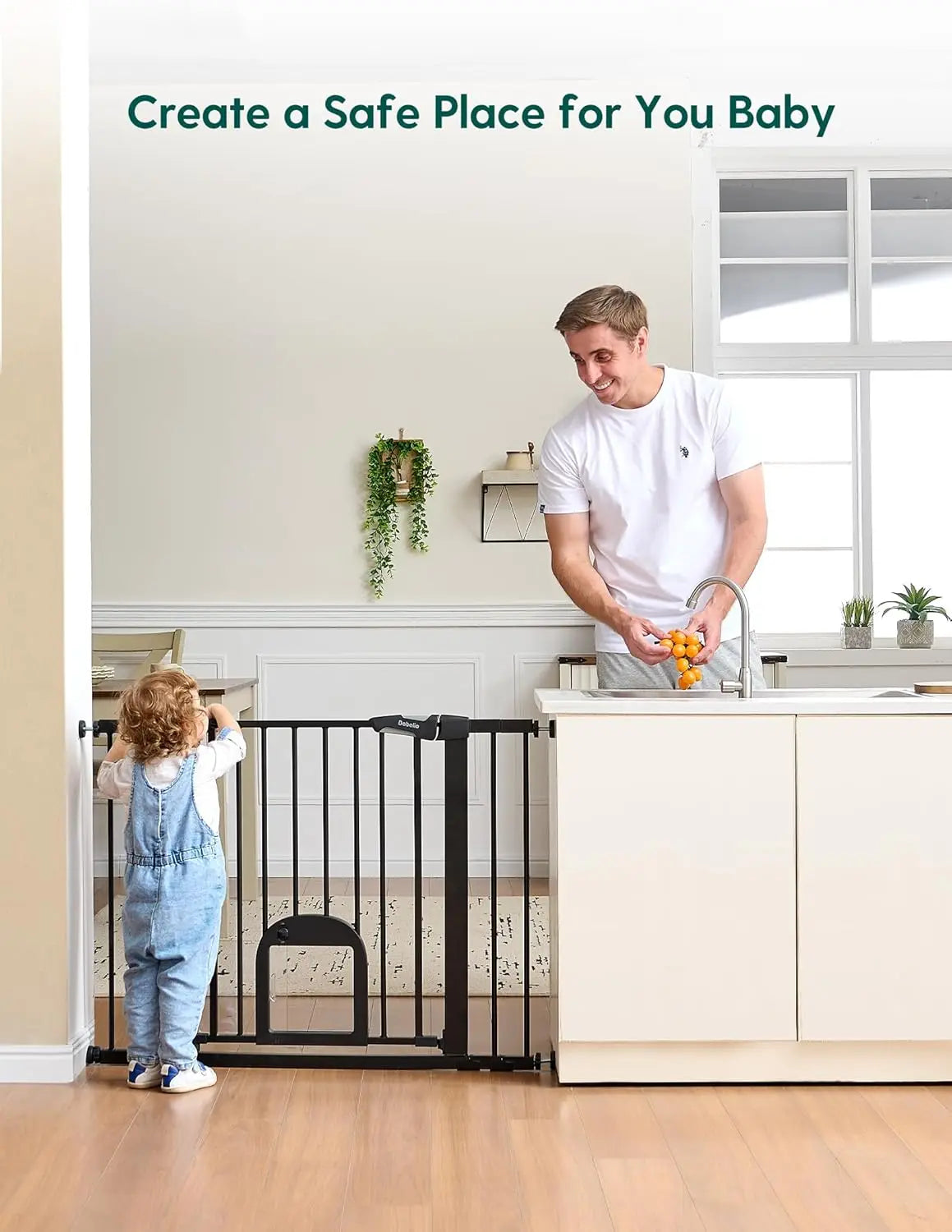 Upgraded Baby Gate With Cat Door Auto Close Walk Through