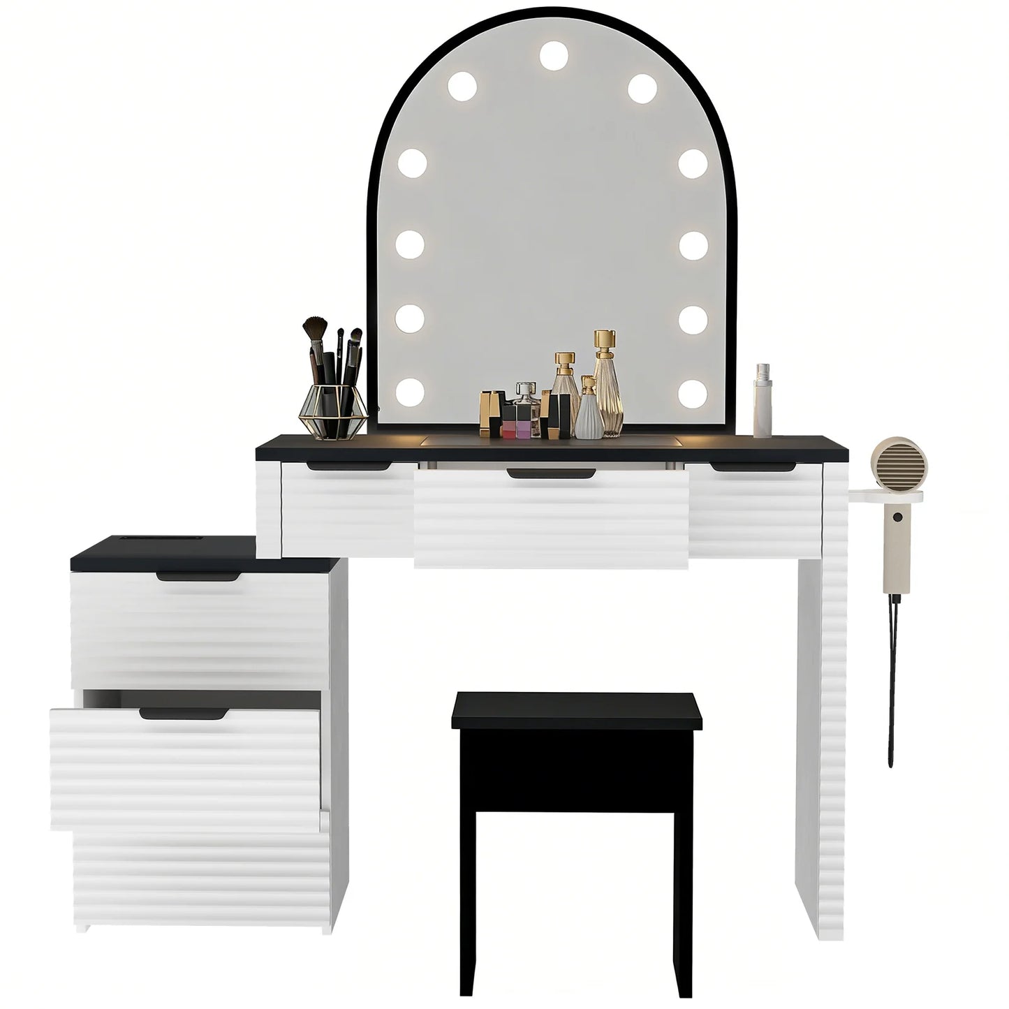 Modern Vanity Desk Chair With Mirror Lighting And Glass Top