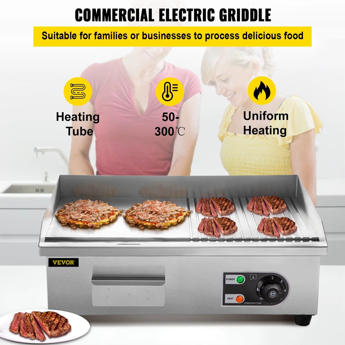 SucceBuy Electric Countertop Teppanyaki Griddle Stainless Steel 1600W 3200W
