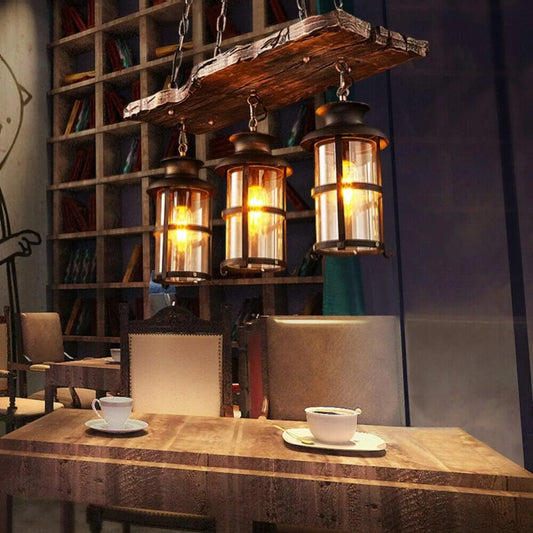 Industrial Wooden Pendant Light With Glass Shade Chandelier E27 Compatible