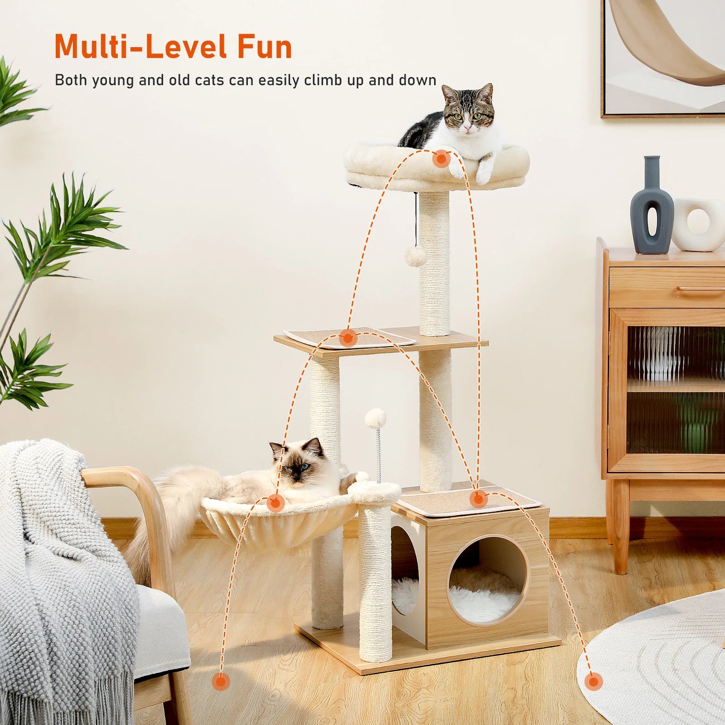 PAWZ Road Modern Cat Tree Indoor Cats Multi Level Wood Cat Tower With Cozy Condo