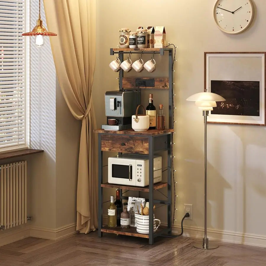 Bakers Rack With Power Strip Microwave Stand 4 Hooks