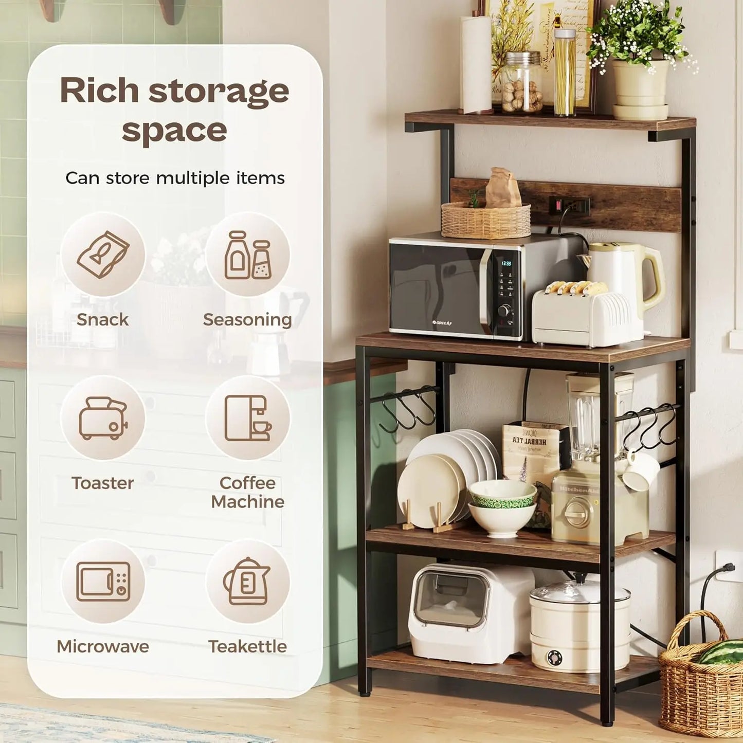 Kitchen Bakers Rack With Power Outlet Microwave Stand With Hooks