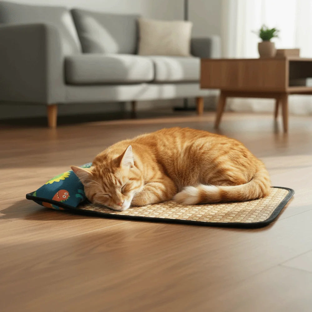 Rattan Weave Pet Cooling Mat Cartoon Pattern Anti Slip Bed
