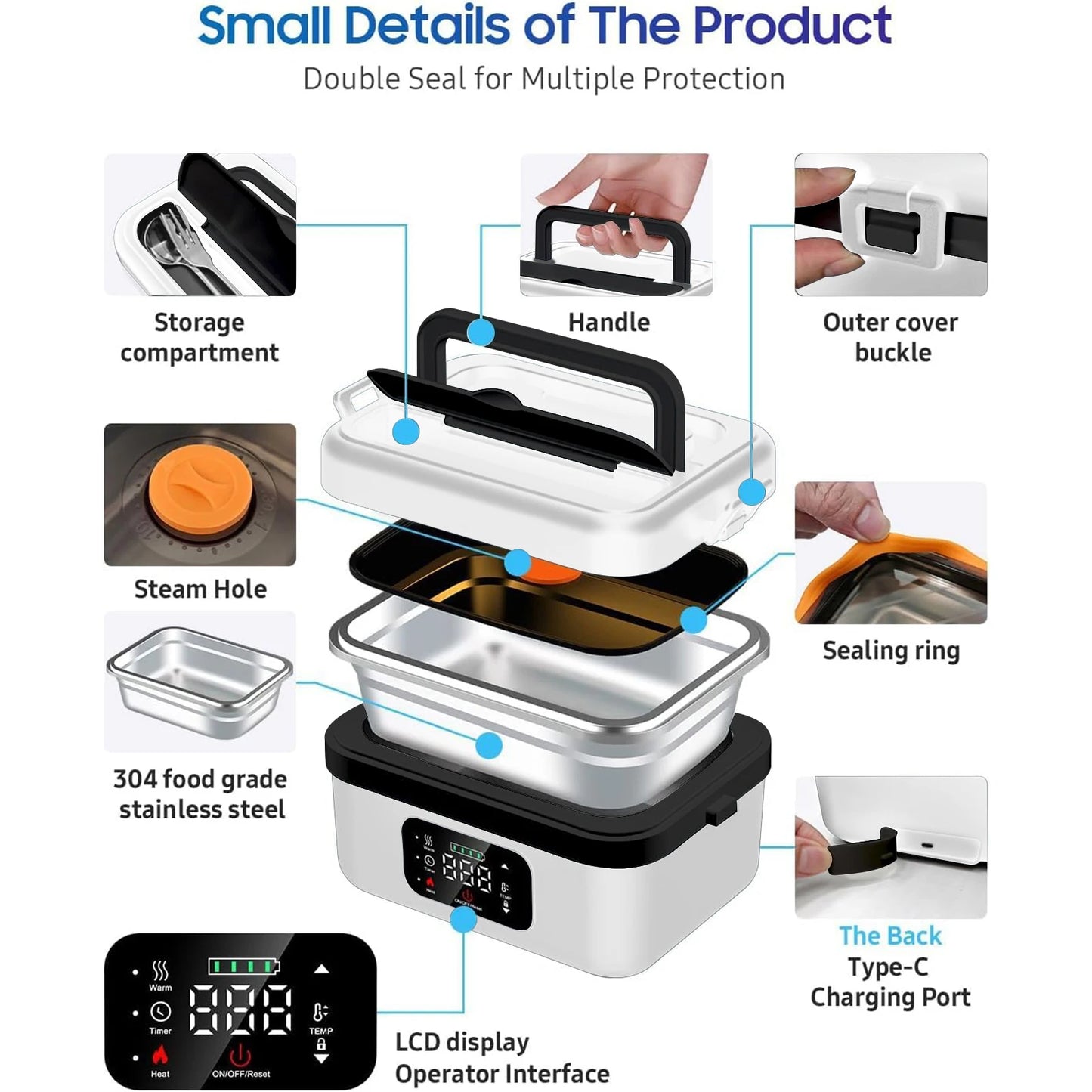 8000mAh Rechargeable Lunch Box With Timer And Fork And Spoon