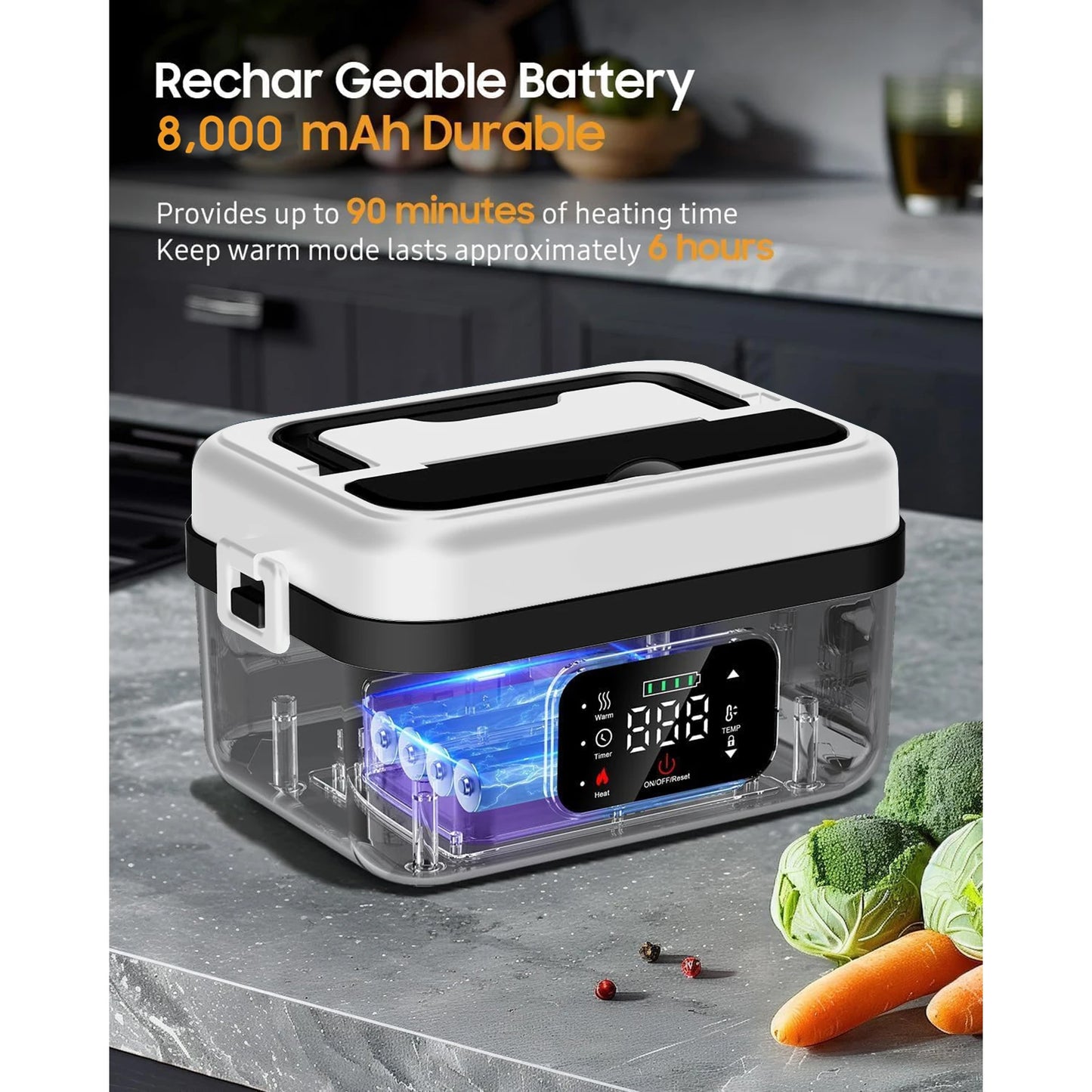 8000mAh Rechargeable Lunch Box With Timer And Fork And Spoon