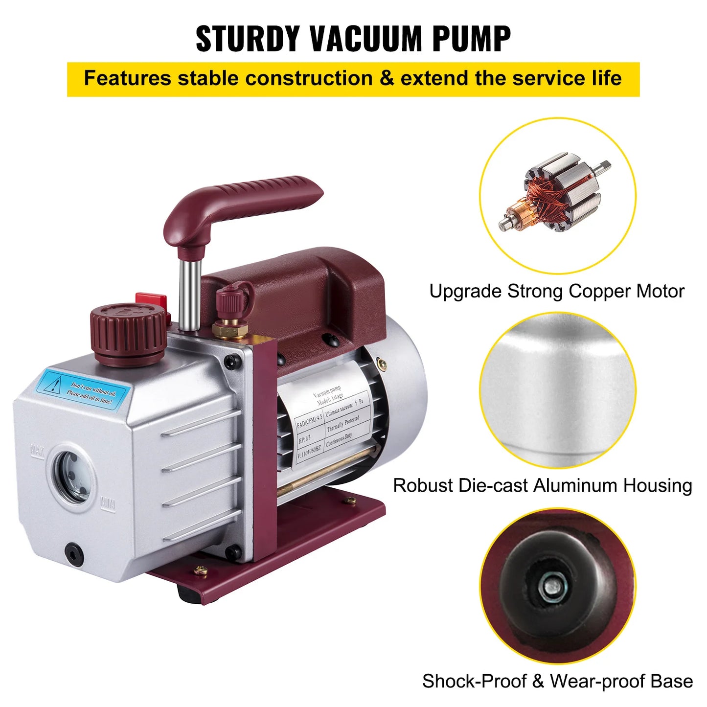 SucceBuy 4.5 CFM 1/3 HP Refrigerant Vacuum Pump Single Stage For HVAC Systems
