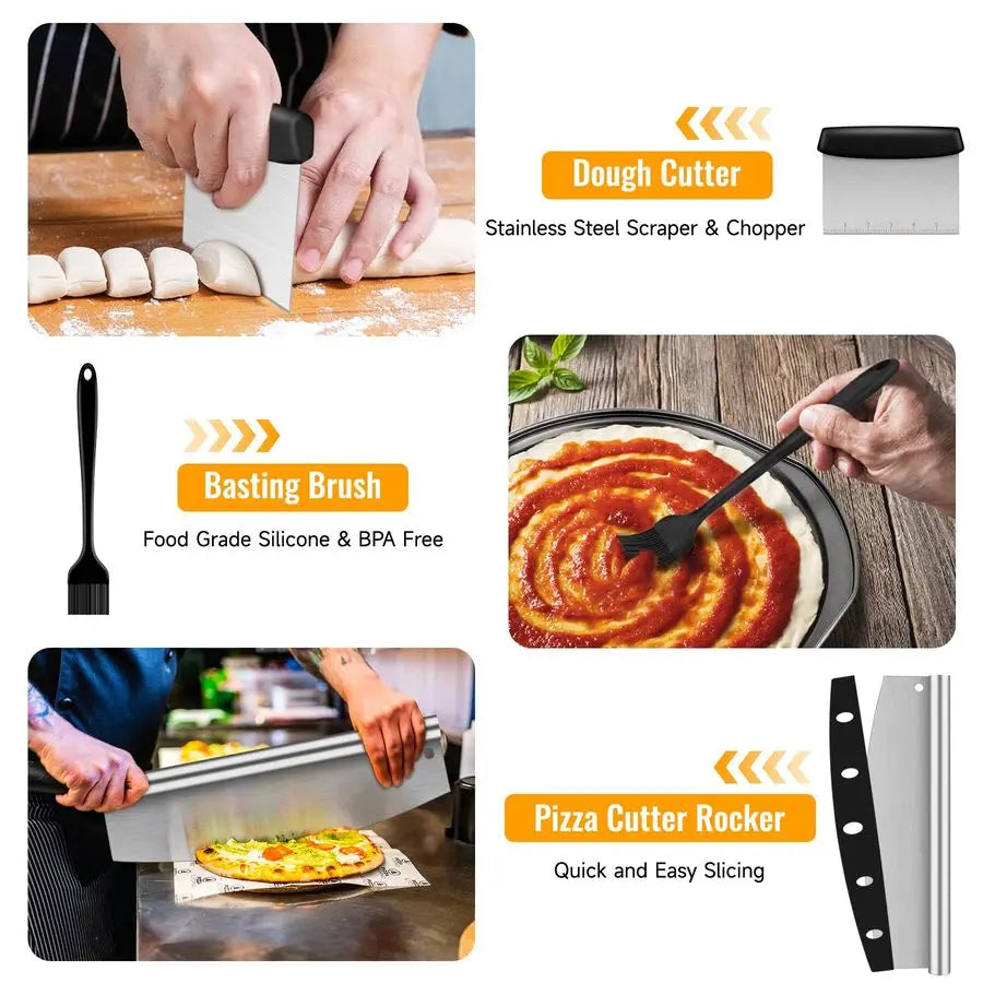 7 Piece Aluminum Pizza Peel Set With Paddle Cutter Scraper Pie Server Oil Brush