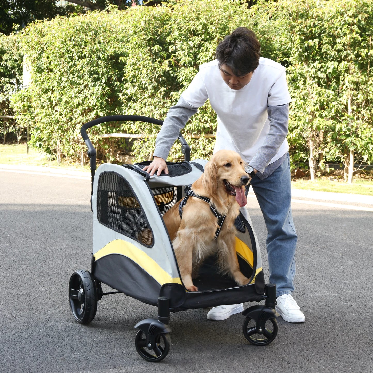 Dog Stroller Four Wheel Foldable Cart Load Up To 55kg