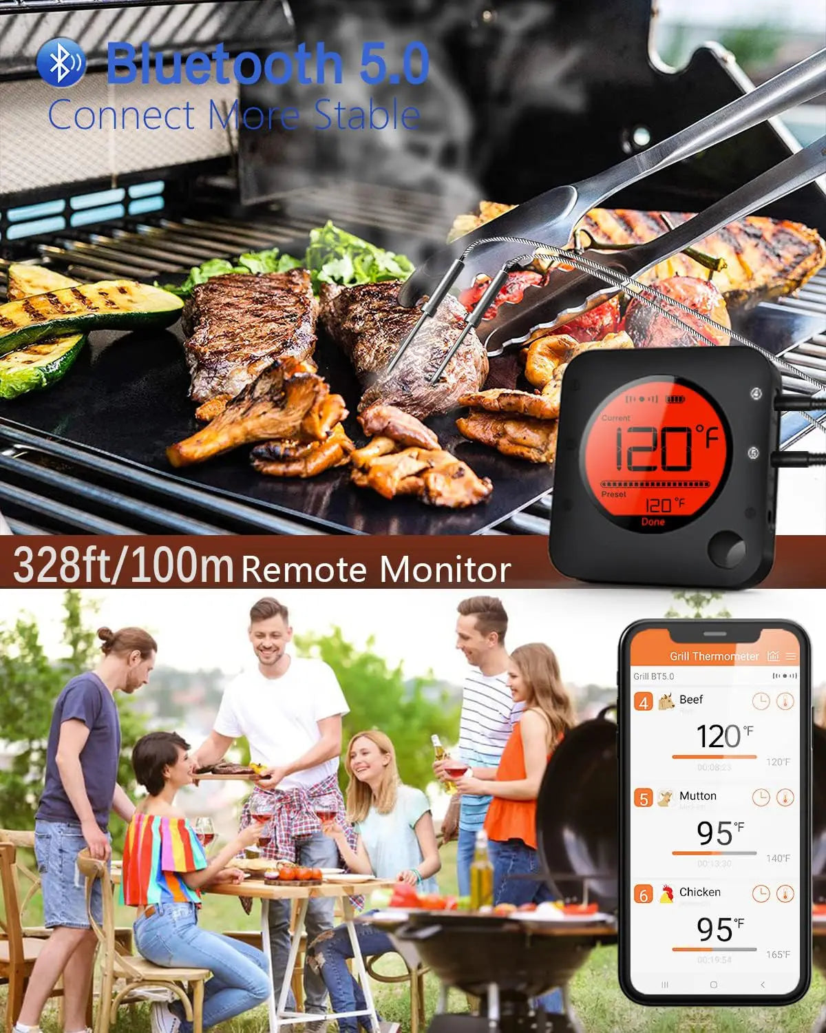 Wireless Meat Thermometer With 6 Probes Bluetooth 5.2 Large LCD