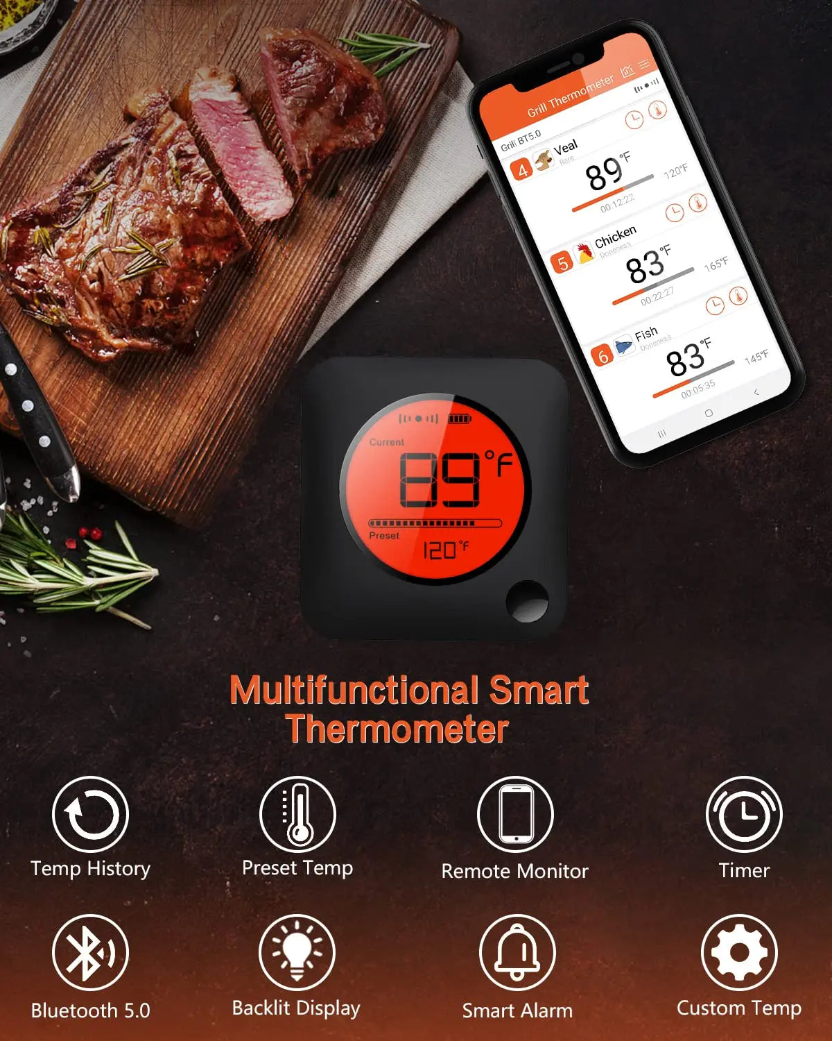 Wireless Meat Thermometer With 6 Probes Bluetooth 5.2 Large LCD