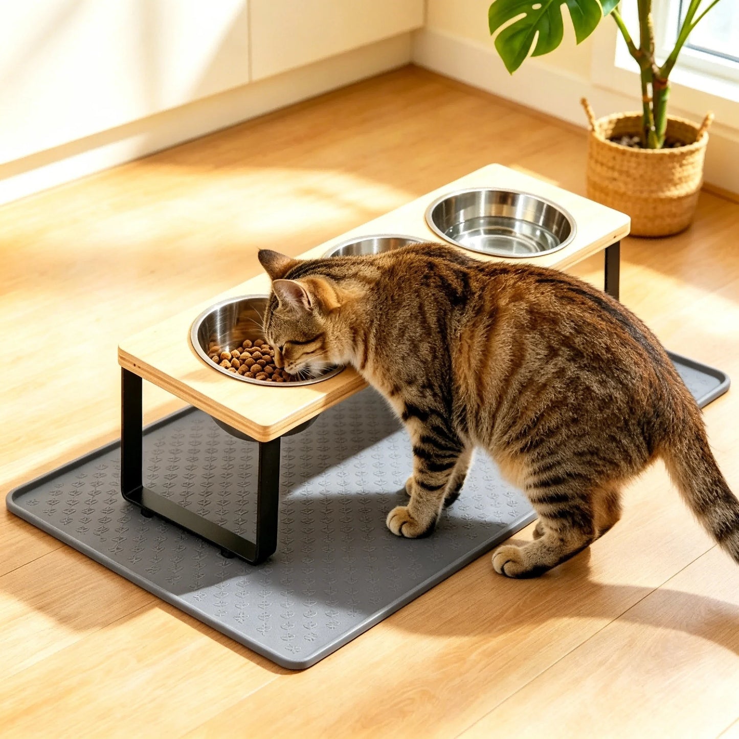 Elevated Cat Feeder 3 Stainless Steel Bowls And Tilted Stand