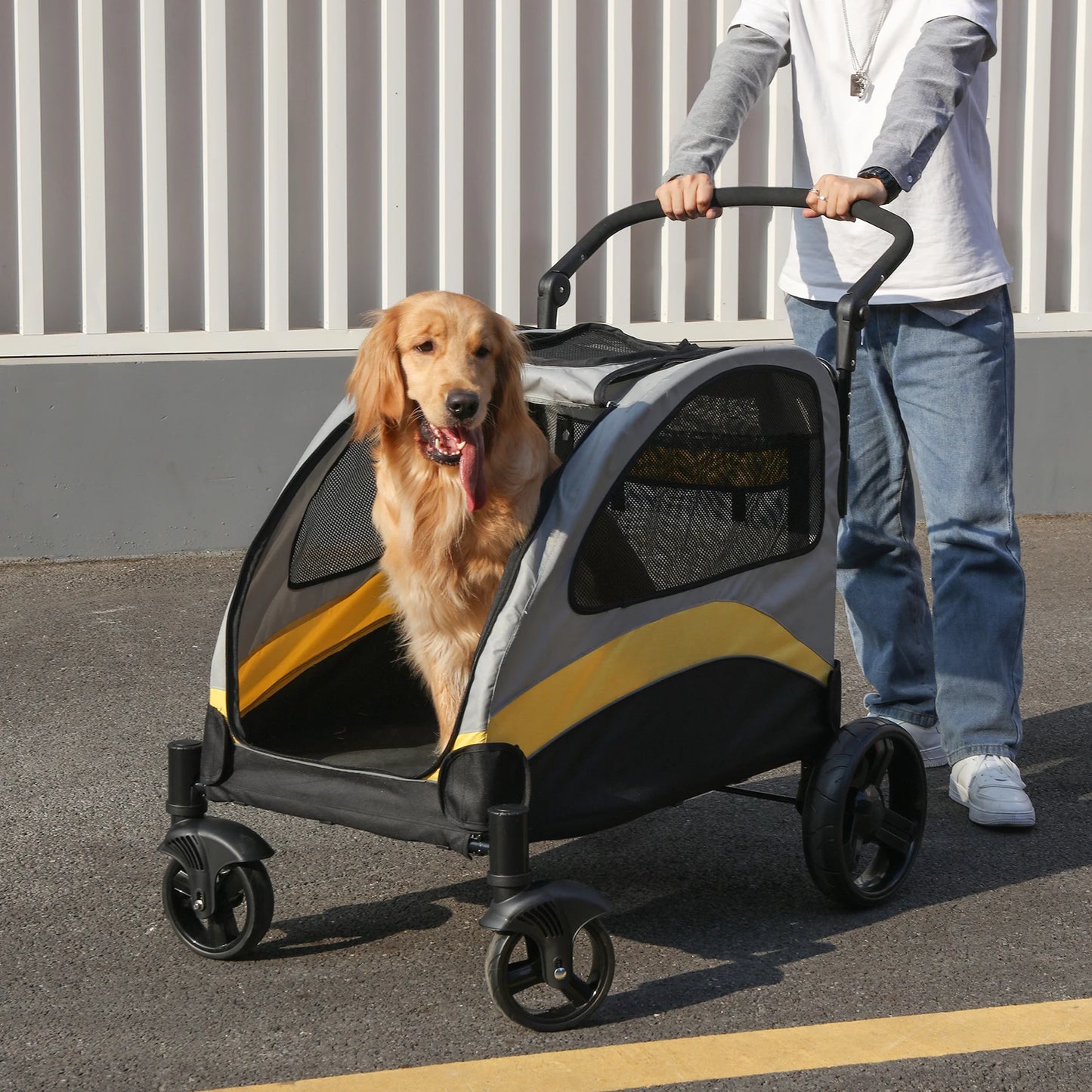 Dog Stroller Four Wheel Foldable Cart Load Up To 55kg
