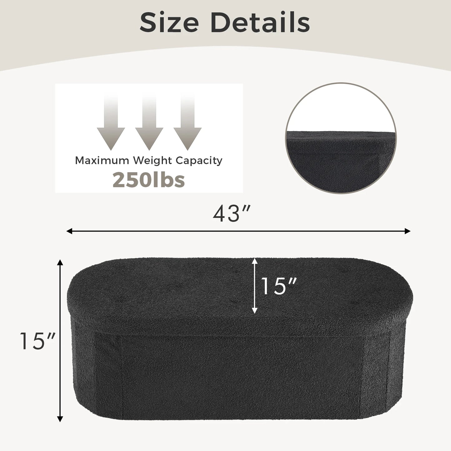 JHK Folding Storage Ottoman Bench With Cushion Teddy Fabric