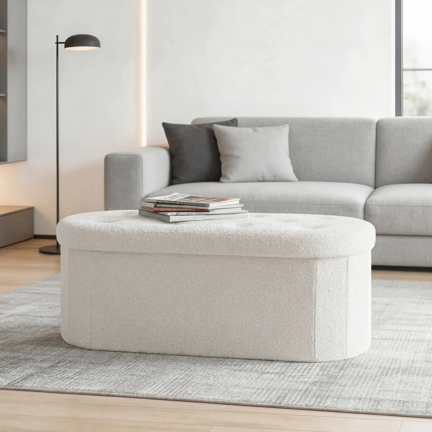 JHK Folding Storage Ottoman Bench With Cushion Teddy Fabric