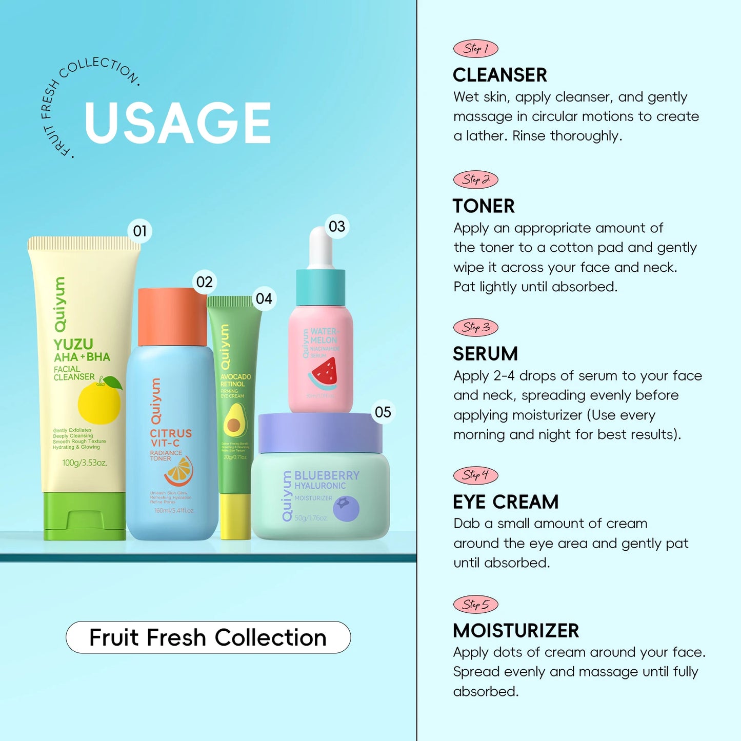 QUIYUM Fruit Fresh Five Piece Skincare Set Brightening Hydration