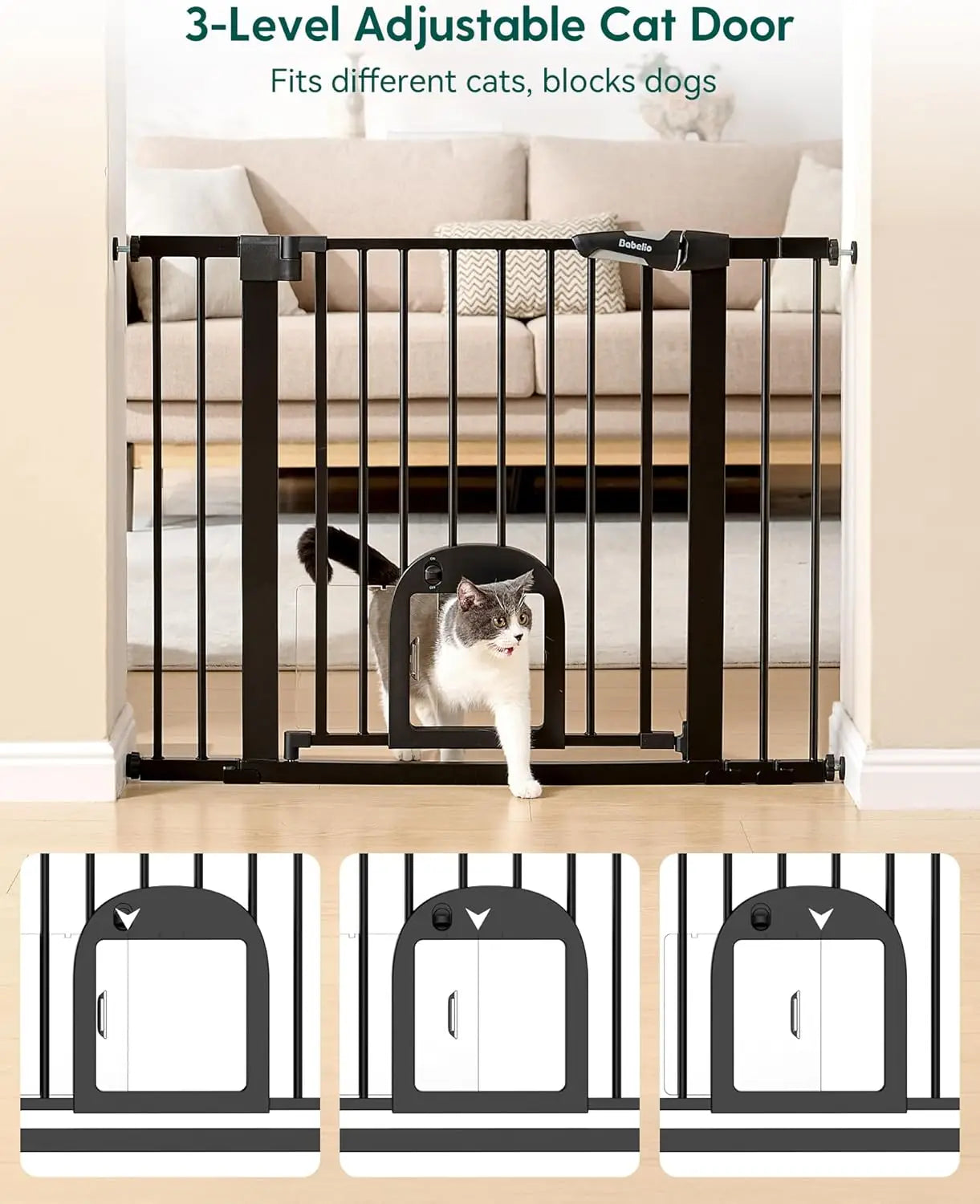 Upgraded Baby Gate With Cat Door Auto Close Walk Through