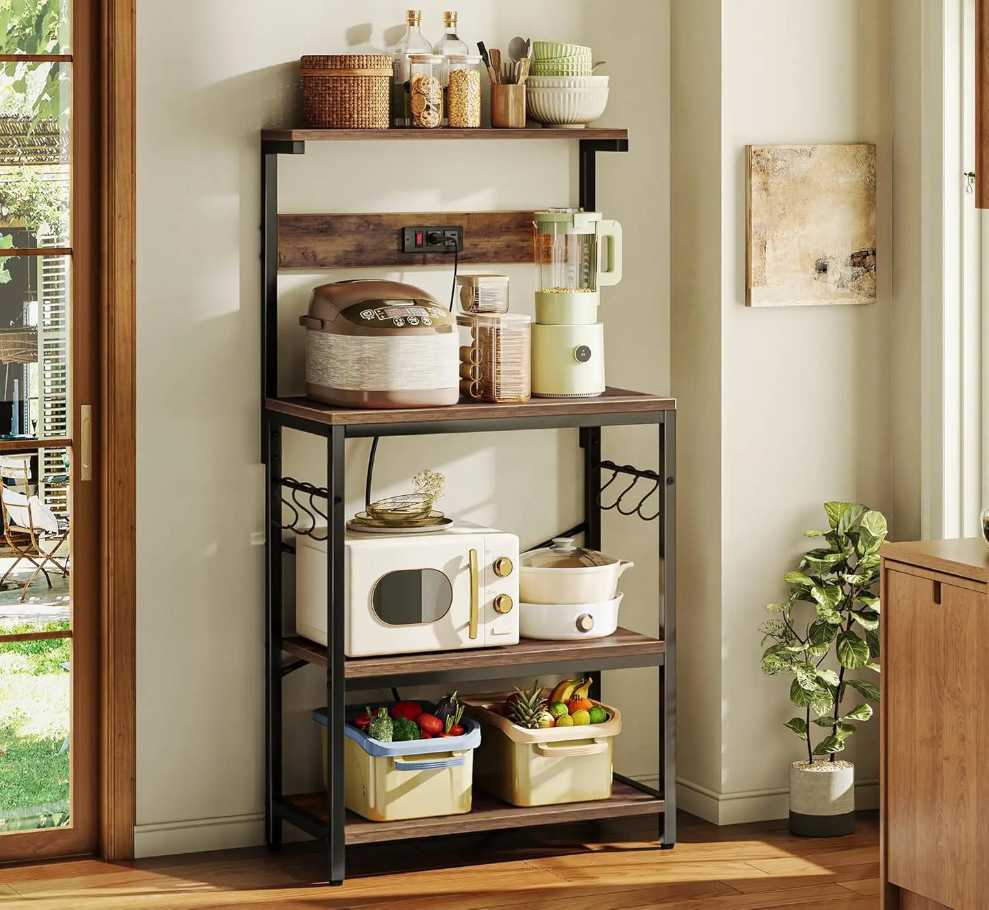 Kitchen Bakers Rack With Power Outlet Microwave Stand With Hooks