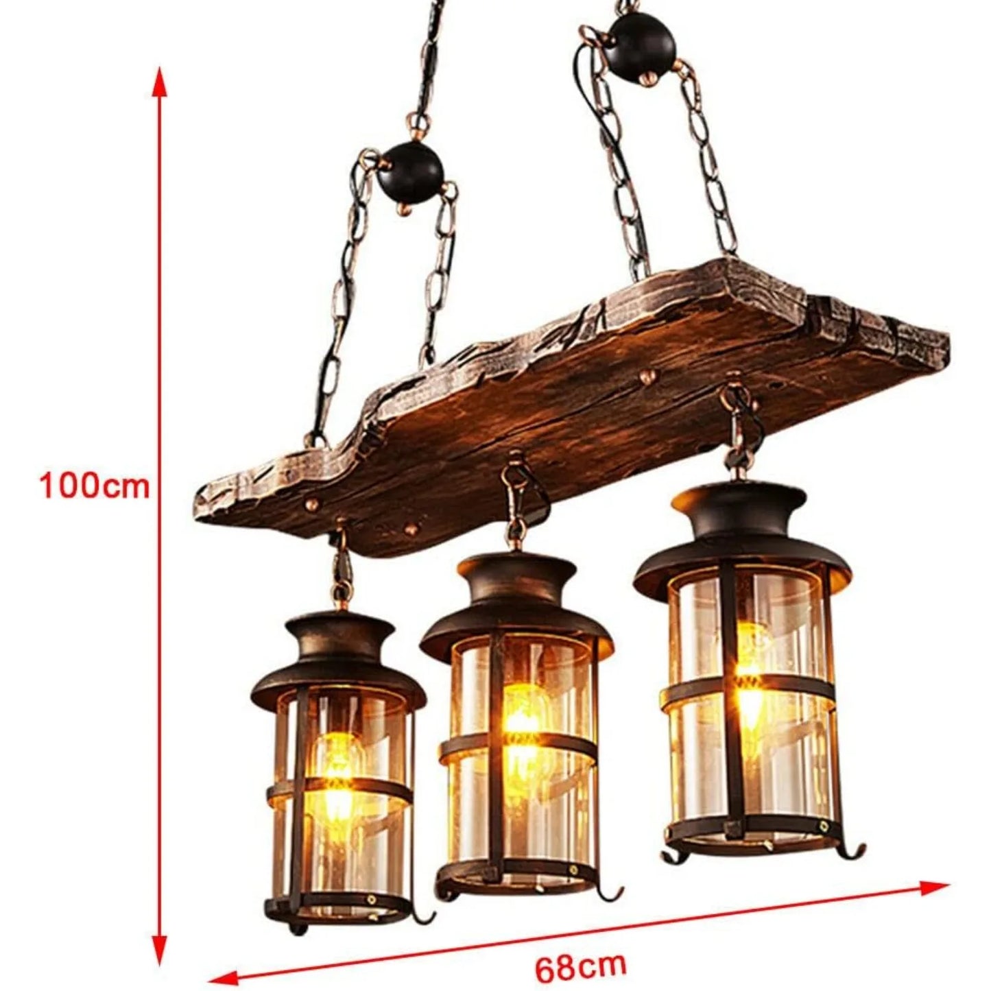 Industrial Wooden Pendant Light With Glass Shade Chandelier E27 Compatible