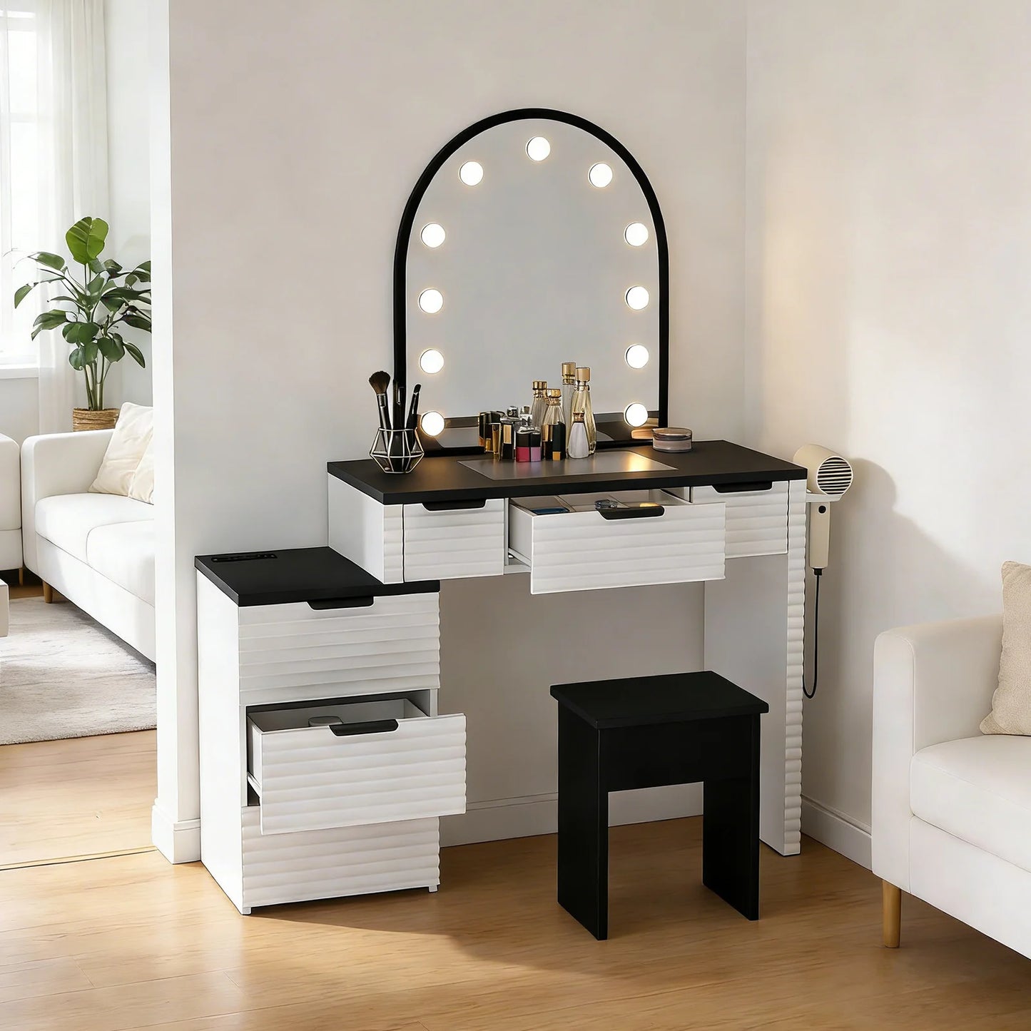 Modern Makeup Vanity Chair Set With Mirror Light Glass Top