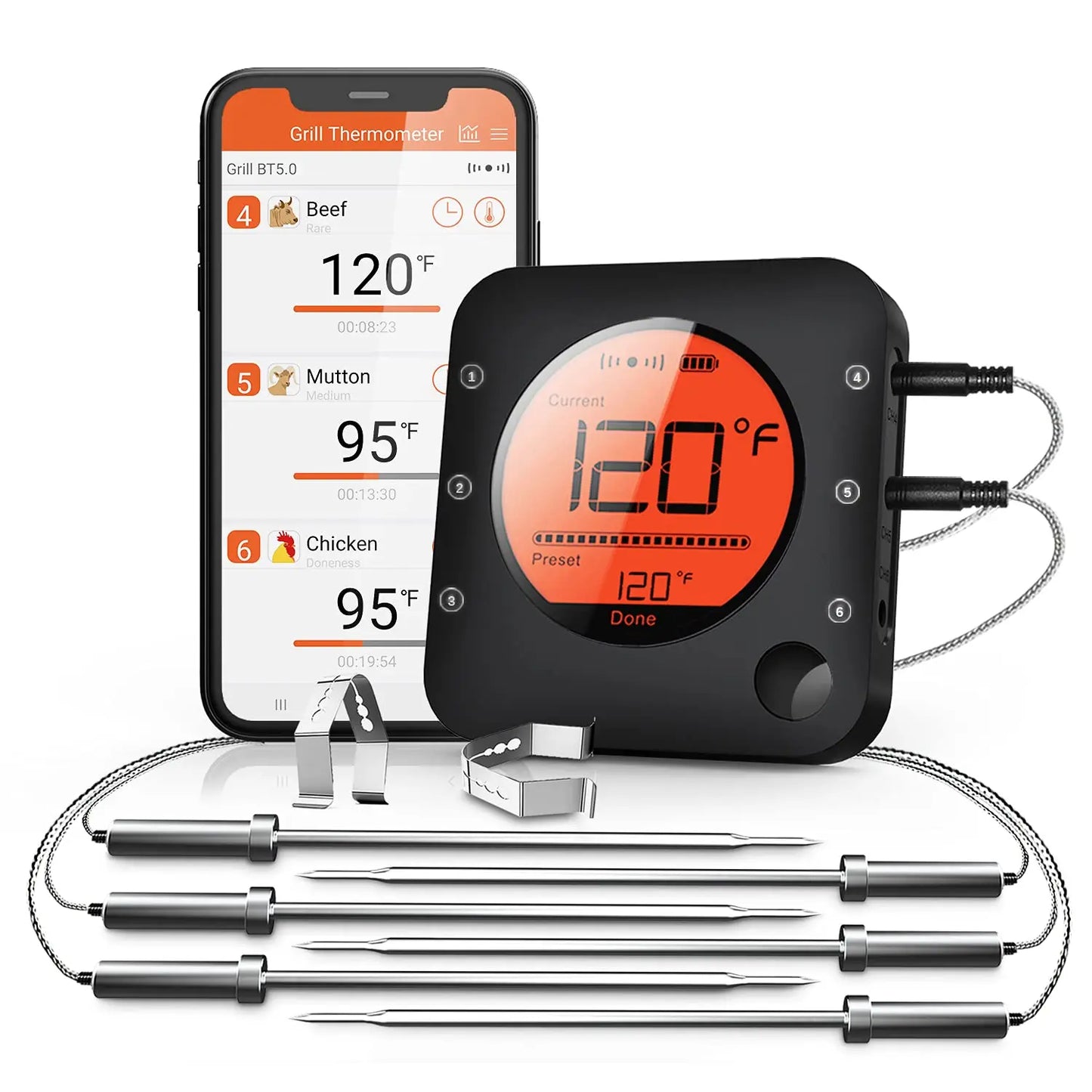 Wireless Meat Thermometer With 6 Probes Bluetooth 5.2 Large LCD
