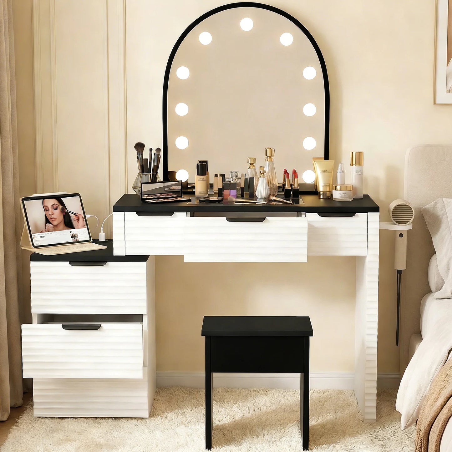 Modern Makeup Vanity Chair Set With Mirror Light Glass Top