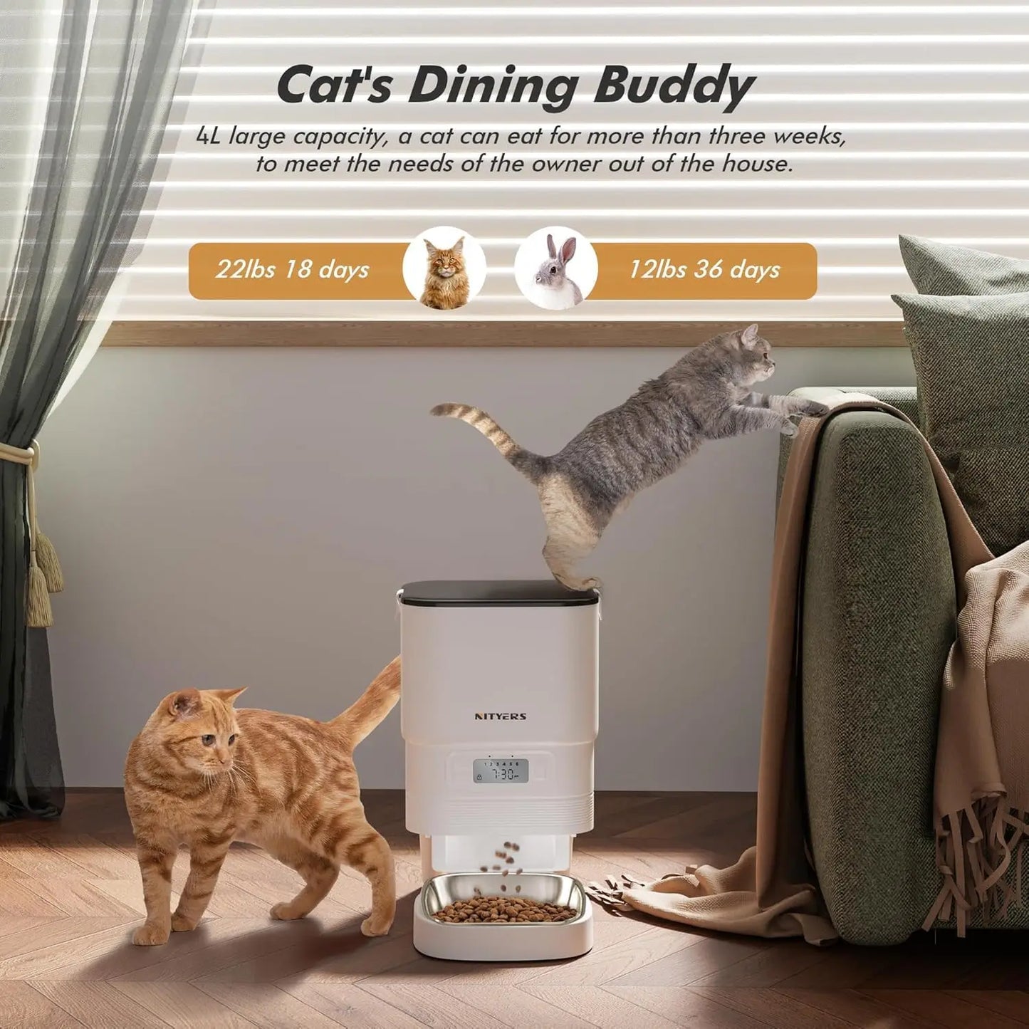 NITYERS 4.5L Automatic Cat Feeder With Timed Dispenser And Stainless Steel Bowl