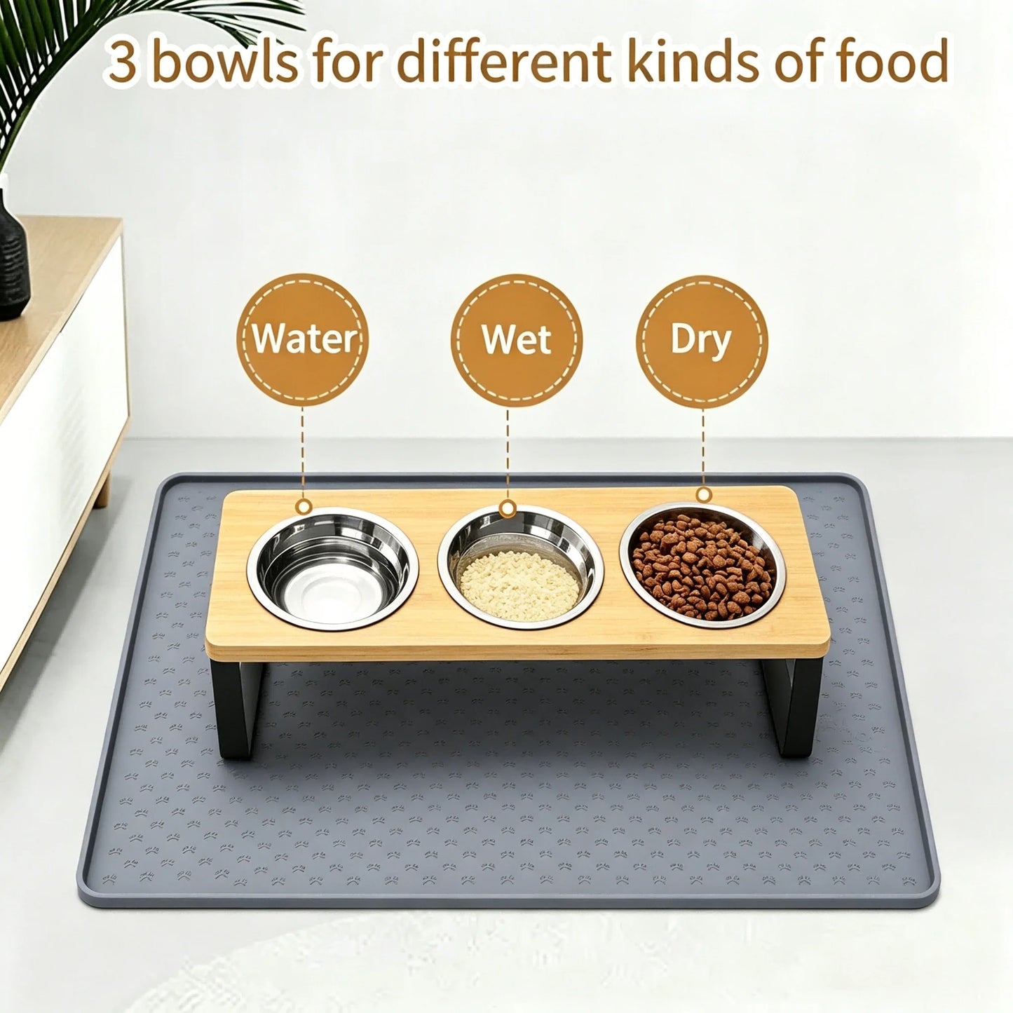 Elevated Cat Feeder With Tilted Bamboo Stand And Stainless Bowls