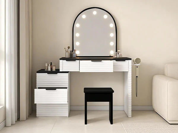 Modern Vanity Desk Chair With Mirror Lighting And Glass Top