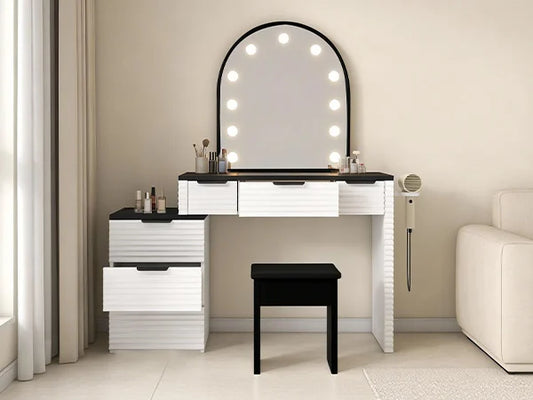Modern Vanity Desk Chair With Mirror Lighting And Glass Top
